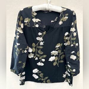 LUCKY BRAND | Black Floral Peasant Top Blouse Puff Sleeve Cotton | Size Small